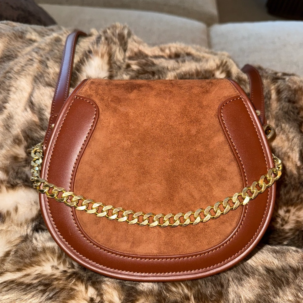 Sancia Brown Leather and Suede Crossbody Bag with Gold Chain